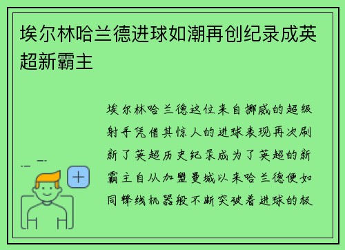 埃尔林哈兰德进球如潮再创纪录成英超新霸主